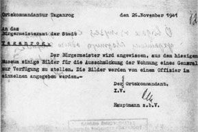 Befehl des Bürgermeisters von Taganrog über die Übergabe der Gemälden aus dem Museum zur Verfügung des Generals Am 26. November 1941