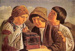 Картина неизвестного художника (круг Венецианова) Дети, отпускающие птичку на волю